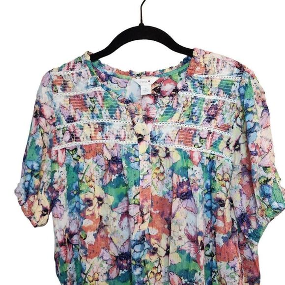 Intro Smocked Floral Rayon Short Sleeve Vibrant Top Size Small - Picture 3 of 8